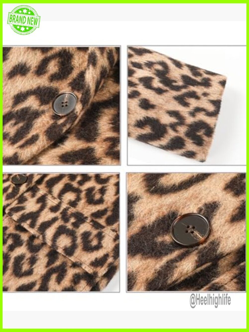 Leopard Print Long Trench Coat Notched Lapel Double Breasted Pea Coat Wool - Picture 6 of 6